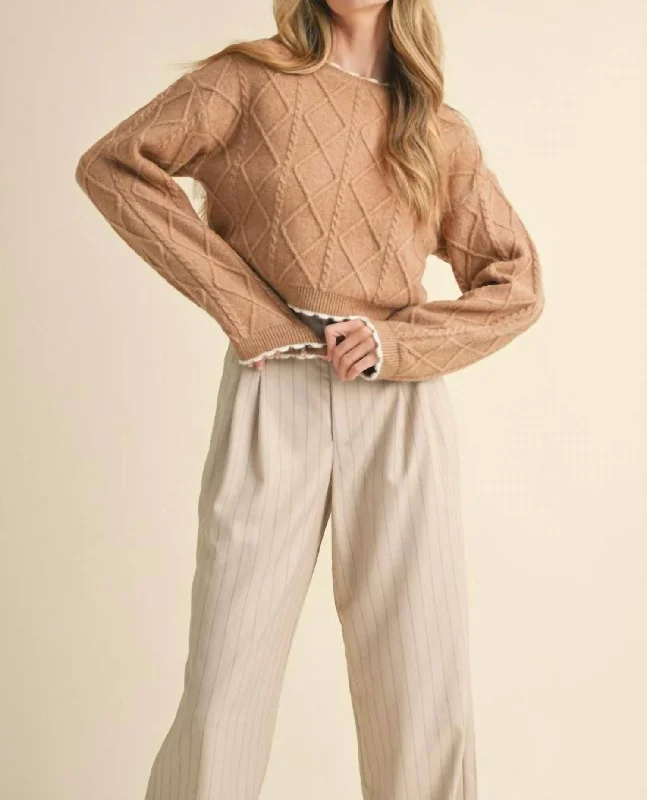 Cable Knit Cropped Sweater In Camel Print Jacquard Patchwork