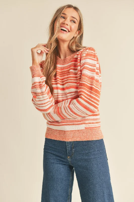Clay Ivory Puff Shoulder Striped Sweater Thin Thick Dense
