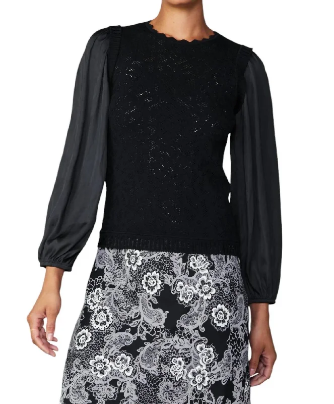 Combo Scalloped Sweater In Black Transparent Opaque Sheer
