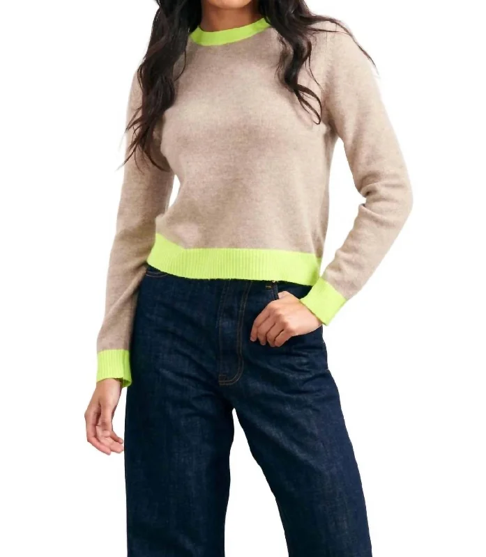 Contrast Crew Sweater In Brown/neon Yellow Open Front Closed Front Wrap Front