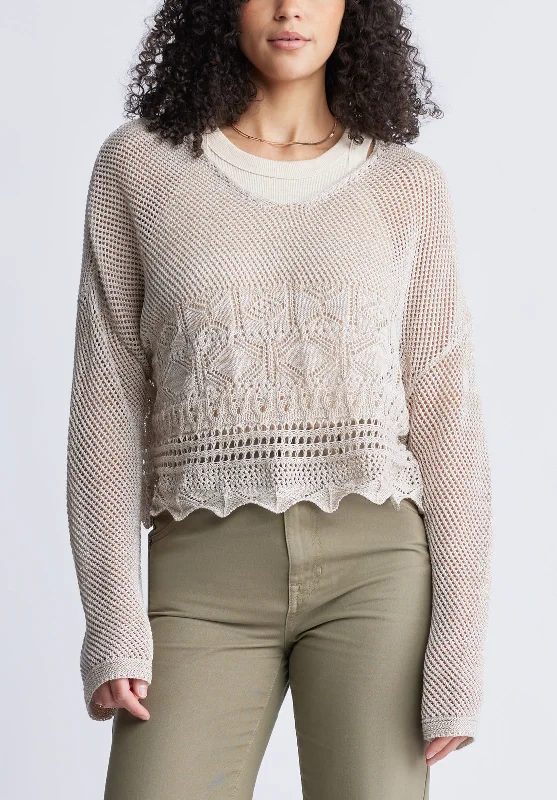 Cornelia Women's Crochet Cropped Sweater, Tan - SW0056S Spandex Blend Rayon Blend Denim Blend