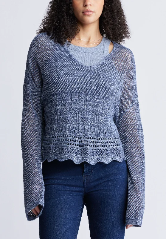 Cornelia Women's Crochet Cropped Sweater, Denim Blue - SW0056S Fleece Sweater Nylon Polyester Cornelia Women's Crochet Cropped Sweater, Denim Blue - SW0056S Fleece Sweater Nylon Polyester