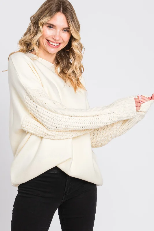 Cream Cable Knit Sleeve Sweater Silk Blend Satin Velvet