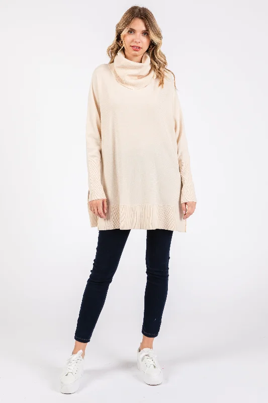 Cream Cowl Neck Dolman Sleeve Sweater Denim Fabric Leather Fabric Suede Fabric