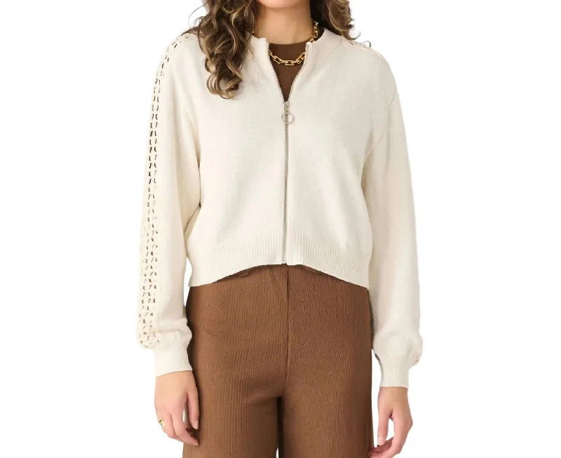 Crochet Sleeve Bomber Sweater In Ivory Seamless Knitted Crochet