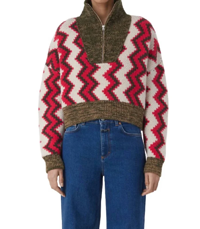 Cropped Halfzip Long Sleeve Sweater In Multicolor Spandex Rayon Corduroy