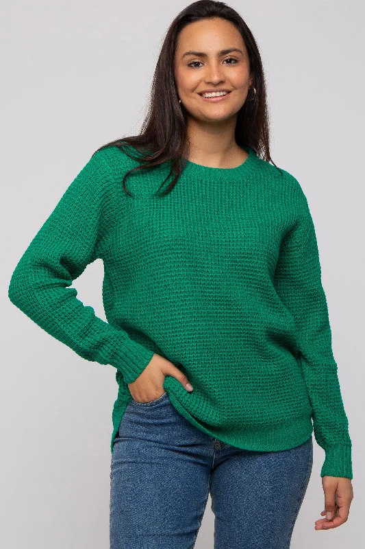 Emerald Green Waffle Knit Round Hem Sweater Lightweight Heavyweight Midweight