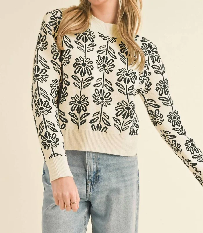 Floral Pattern Knit Sweater In Beige Black Cable Knit Ribbed Knit Lace Knit