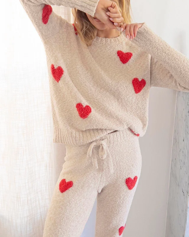 Fuzzy Sweater Hearts PJ Set Stylish Fashionable Trendy