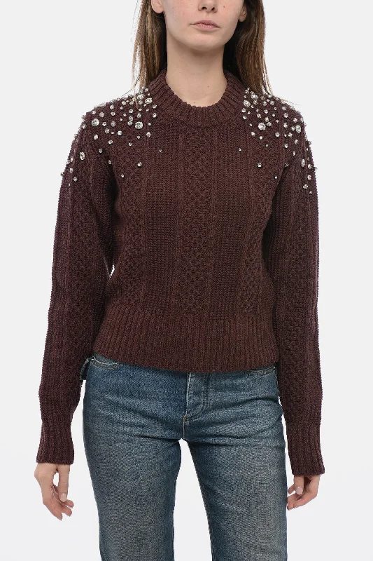 Golden Goose Crew Neck Aran Virgin Wool Sweater with Crystals Jersey Fabric Tulle Fabric Batik Fabric