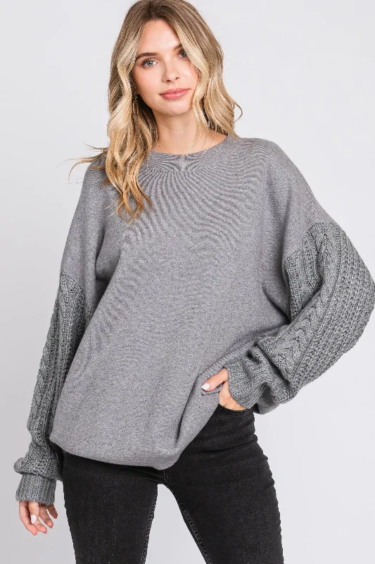 Heather Grey Cable Knit Sleeve Sweater Casual Formal Business