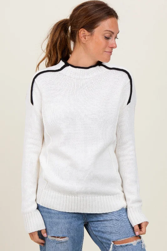 Ivory Mock Neck Contrast Piping Sweater Tailored Straight A-Line