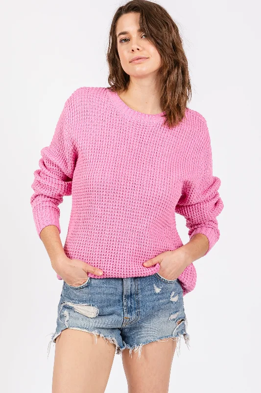 Light Pink Waffle Knit Round Hem Sweater Front Pockets Side Pockets Patch Pockets