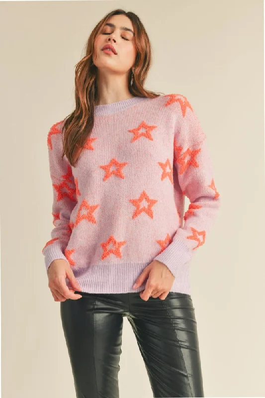 Lilac Orange Crew Neck Sweater With Fuzzy Stars Fitted Slim Tailored