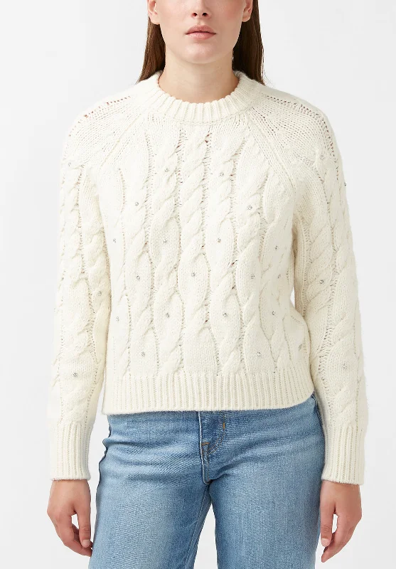 Magari Women's Long Sleeve Crewneck Cable Sweater in Ivory - SW0030H Denim Fabric Leather Fabric Suede Fabric Magari Women's Long Sleeve Crewneck Cable Sweater in Ivory - SW0030H Denim Fabric Leather Fabric Suede Fabric