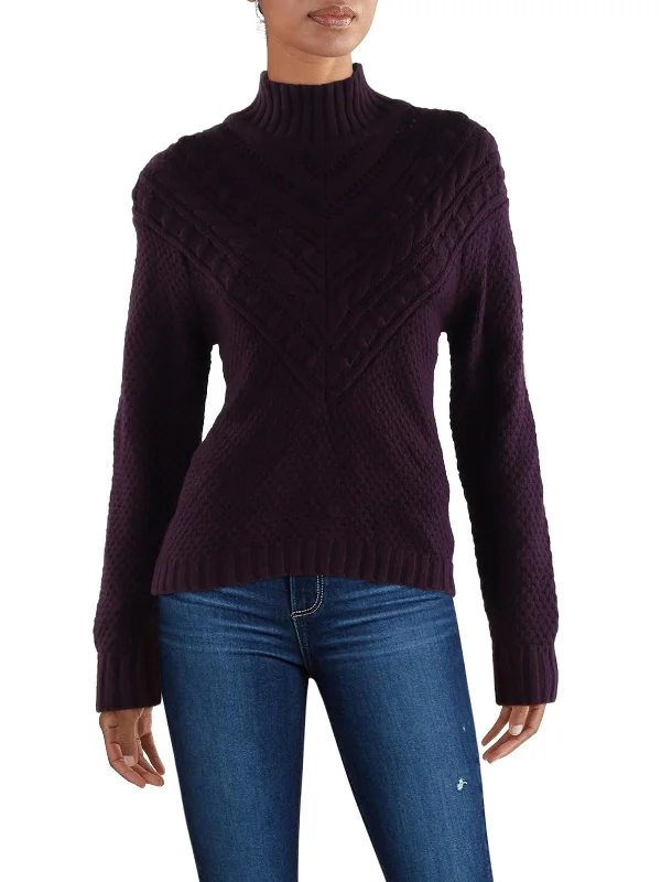 Maggie Womens Wool Blend Cable Knit Turtleneck Sweater Zippered Front Buttoned Front Snap Front