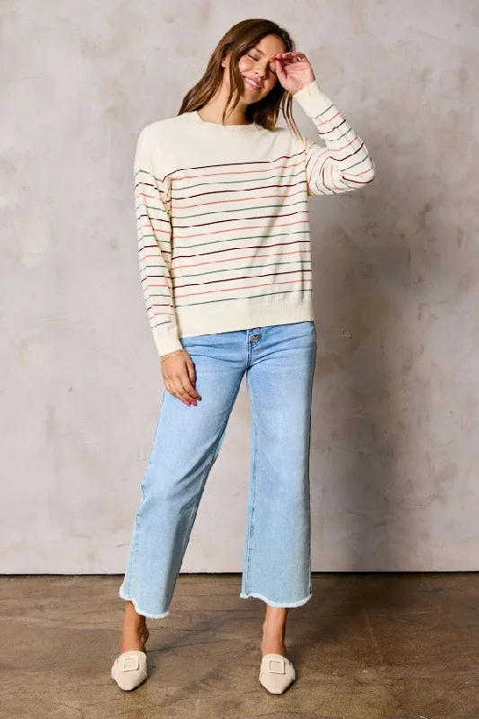 Multi-Color Stripe Soft Knit Sweater Cashmere Blend Cotton Blend Poly Blend