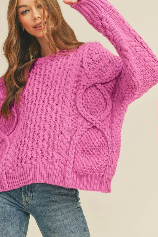 Orchid Mixed Braided Cable Knit Sweater Modern Contemporary Chic