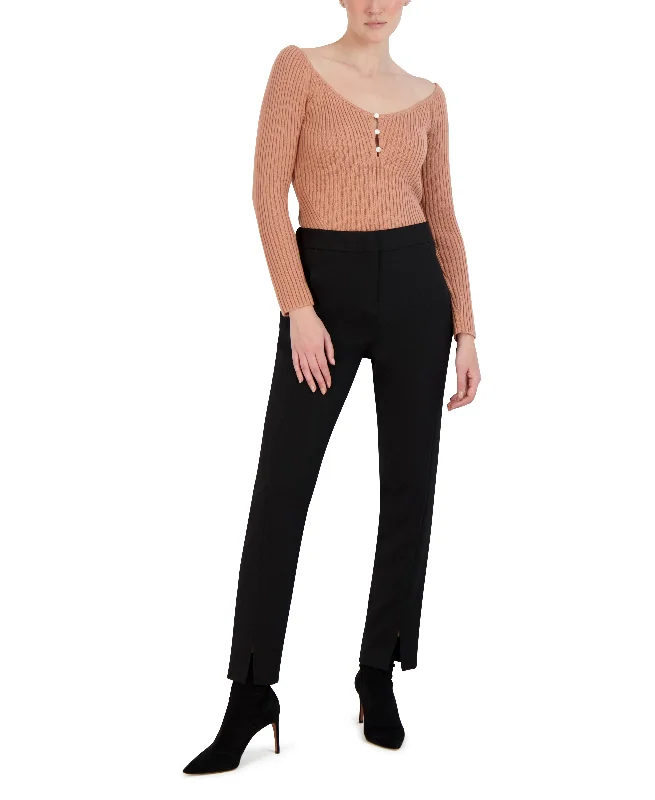 RIB OFF-SHOULDERS SWEATER TOP Mesh Blend Leather Blend Suede Blend