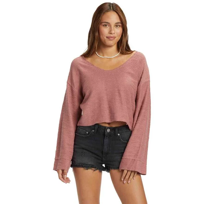 ROXY Womens Made For You V-Neck Sweater- Ash Rose Transparent Opaque Sheer