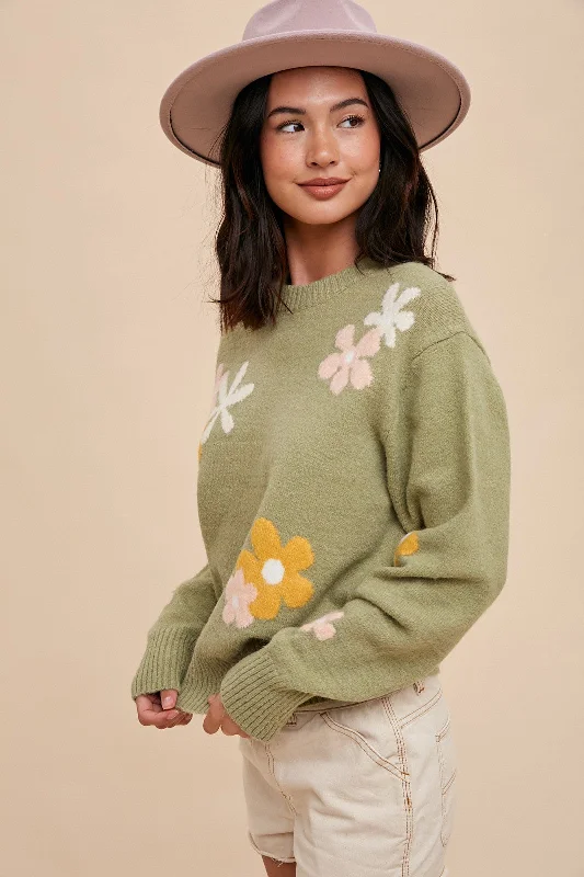 Sage Floral Crew Neck Sweater Layered Multi-layer Single Layer
