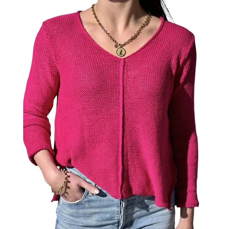 Sanibel V-Neck Cotton Sweater In Pink Sapphire Glossy Satin Silk