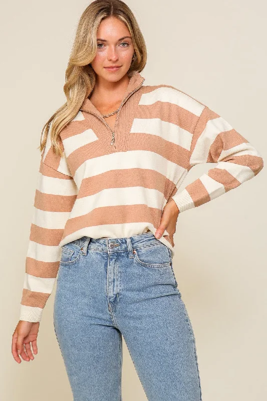 Taupe Cream Polo Half Zip Up Striped Sweater Top Casual Formal Business