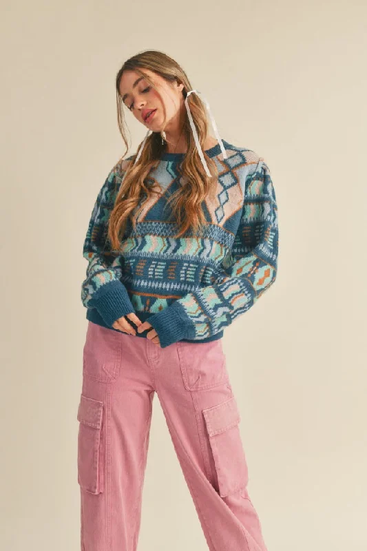 Teal Blue Multi Sweater Zippered Buttoned Snapped