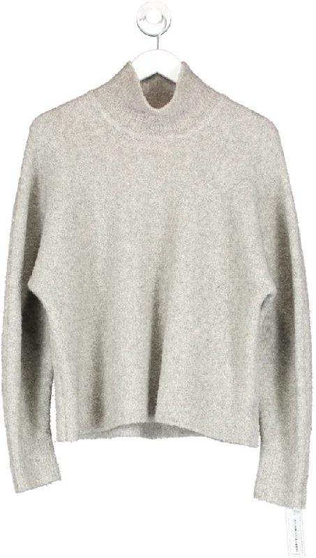 Theory Grey Fine Boucle Knit Jumper UK M Boat Neck Shawl Collar Notched Collar