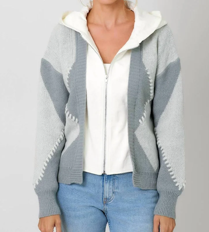 Twofer Hoodie Sweater Cardigan In Grey Mix Zippered Front Buttoned Front Snap Front