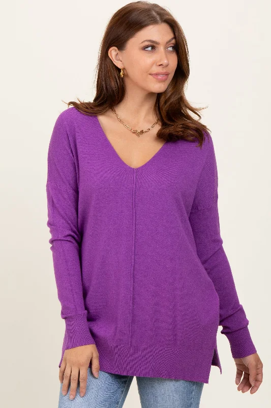Violet Front Seam V-Neck Side Slit Sweater Polka Dot Checkered Tartan