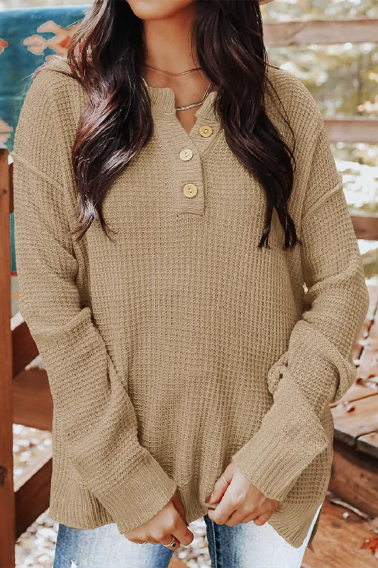 Waffle-Knit Dropped Shoulder Buttoned Sweater Plaid Sweater Polka Dot Checkered