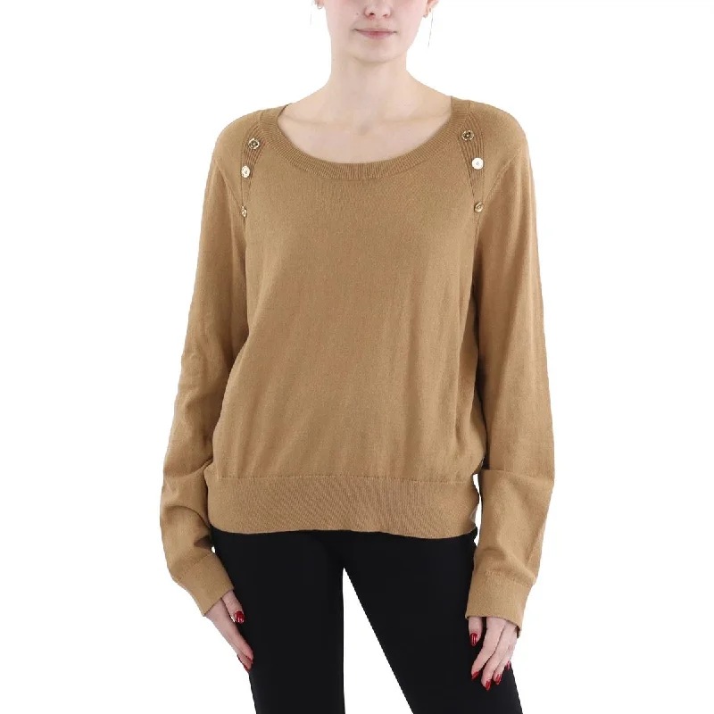 Womens Button Trim Long Sleeve Crewneck Sweater Slim Fit Regular Fit Oversized