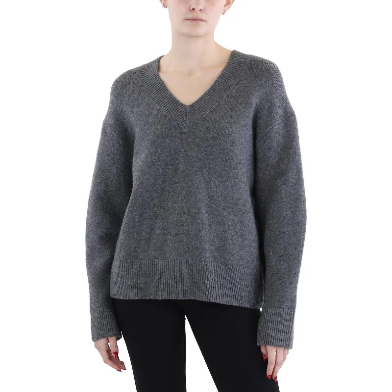 Womens Knit Ribbed Trim V-Neck Sweater Striped Floral Plaid