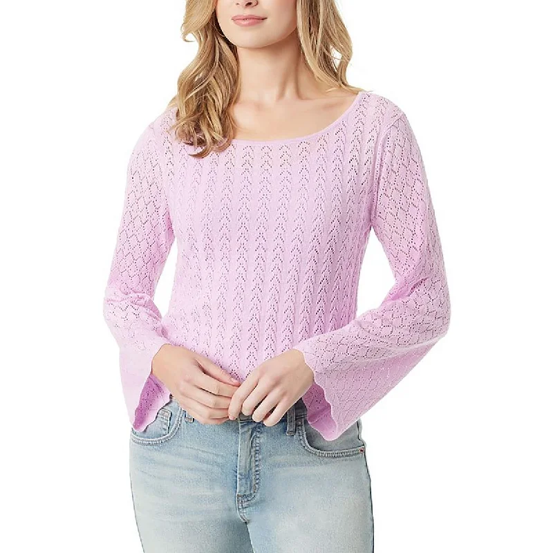 Womens Knitted Bell Sleeve Crewneck Sweater Velvet Chenille Corduroy